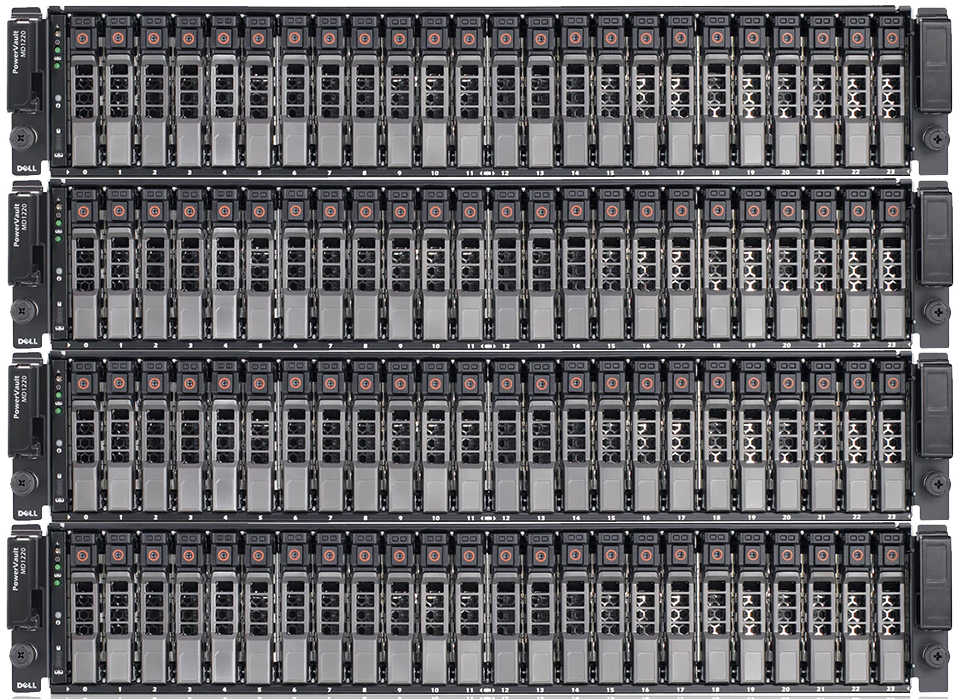Estrutura de storage corporativo em rack com 96 discos distribuídos em gavetas