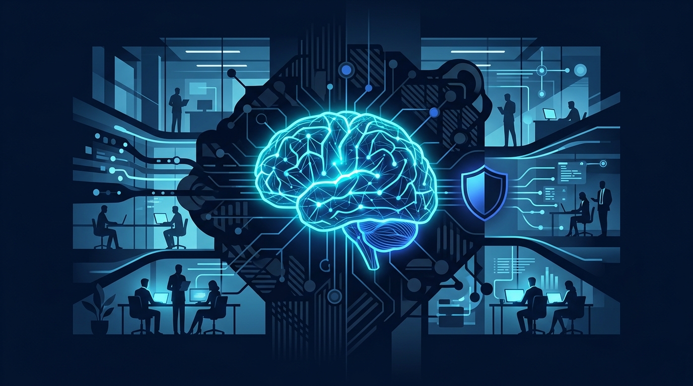 Ilustração editorial sobre Shadow AI e segurança de dados em ambientes corporativos